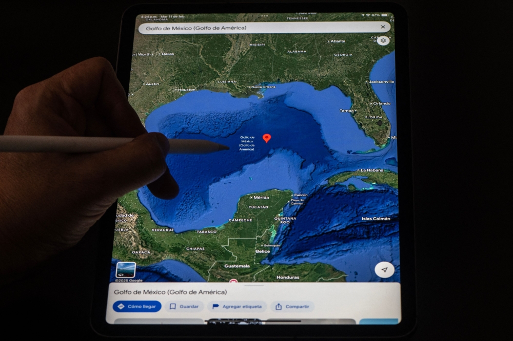 This photo illustration shows the Gulf of Mexico branded as Gulf of America displayed on the Google Maps application on a tablet on February 11, 2025, in Bogota, Colombia. (Photo by Luis Acosta / AFP)