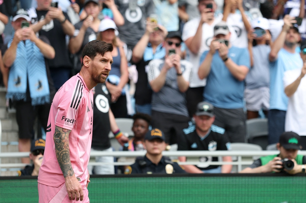 Lionel Messi #10 of Inter Miami CF reacts the MLS match between Minnesota United FC and Inter Miami CF at Allianz Field on May 10, 2025 in St Paul, Minnesota. David Berding/Getty Images/AFP 