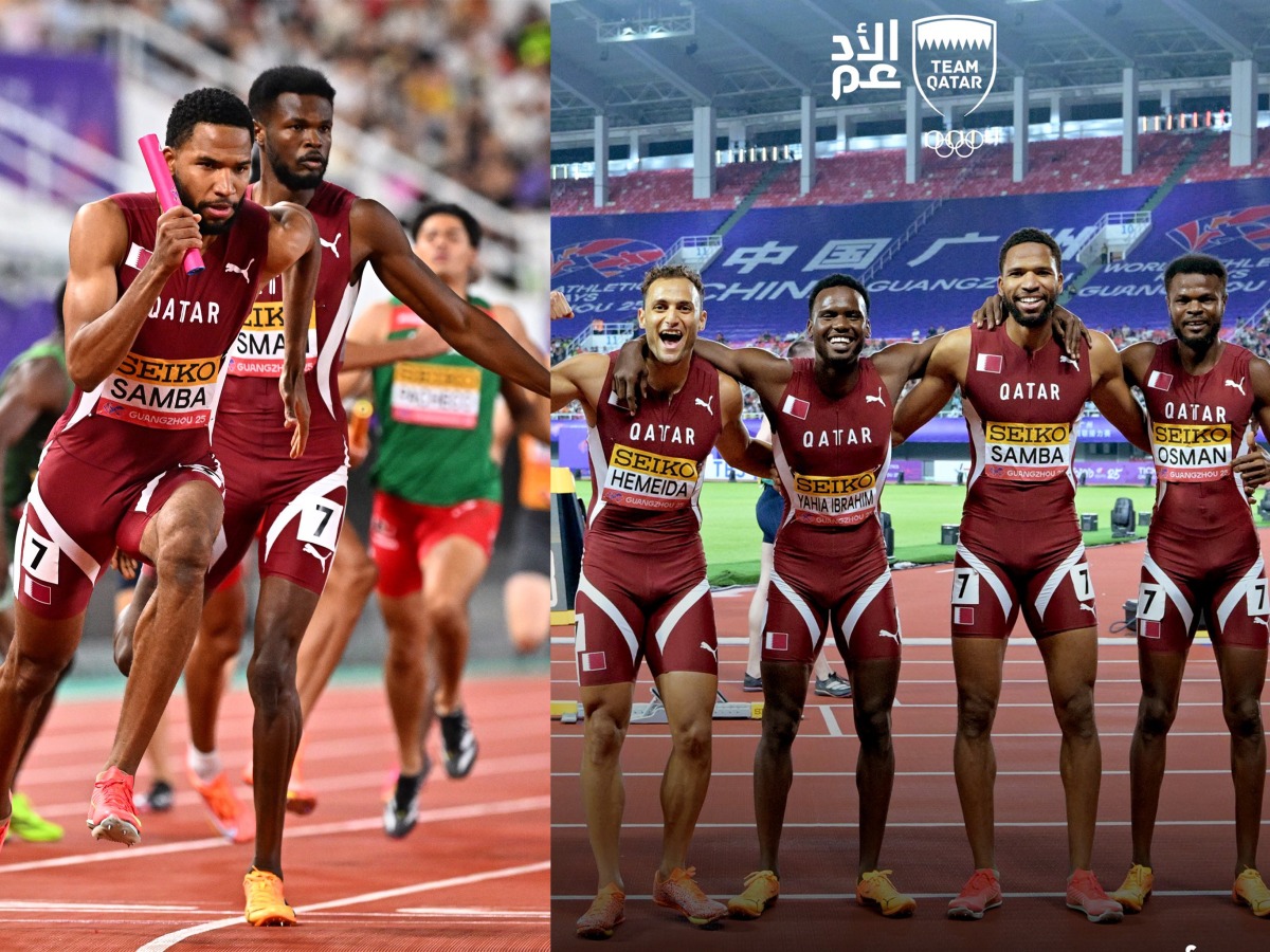 Collage: Qatar's Abderrahman Samba (left) and Ashraf Hussen Osman during the race yesterday; Qatar’s athletes celebrate.