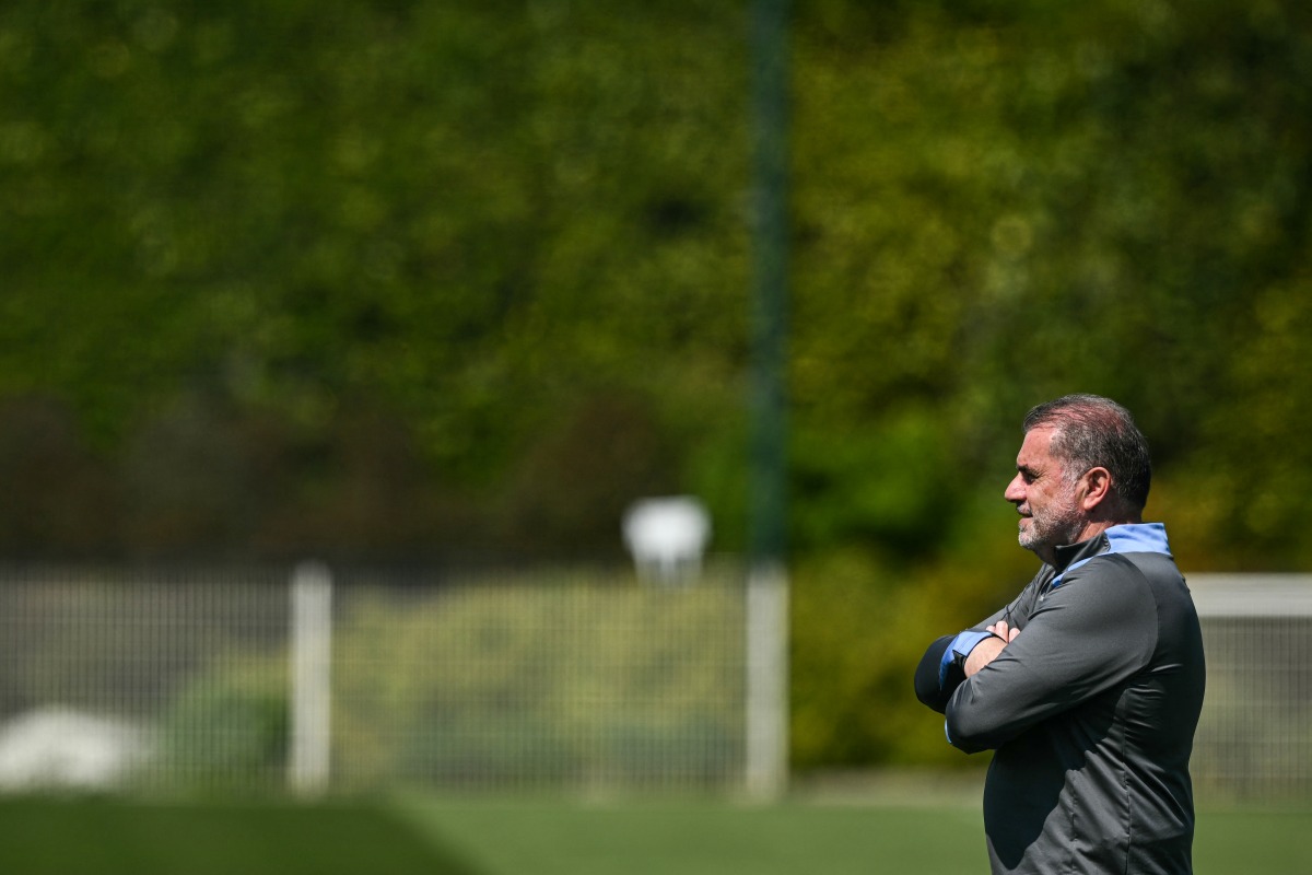 Tottenham Hotspur's Greek-Australian Head Coach Ange Postecoglou takes part in a training session at at the Tottenham Hotspur Training Ground, in Enfield, north London, on May 12, 2025 during a media day ahead of their UEFA Europa League final against Manchester United. (Photo by Ben STANSALL / AFP)

