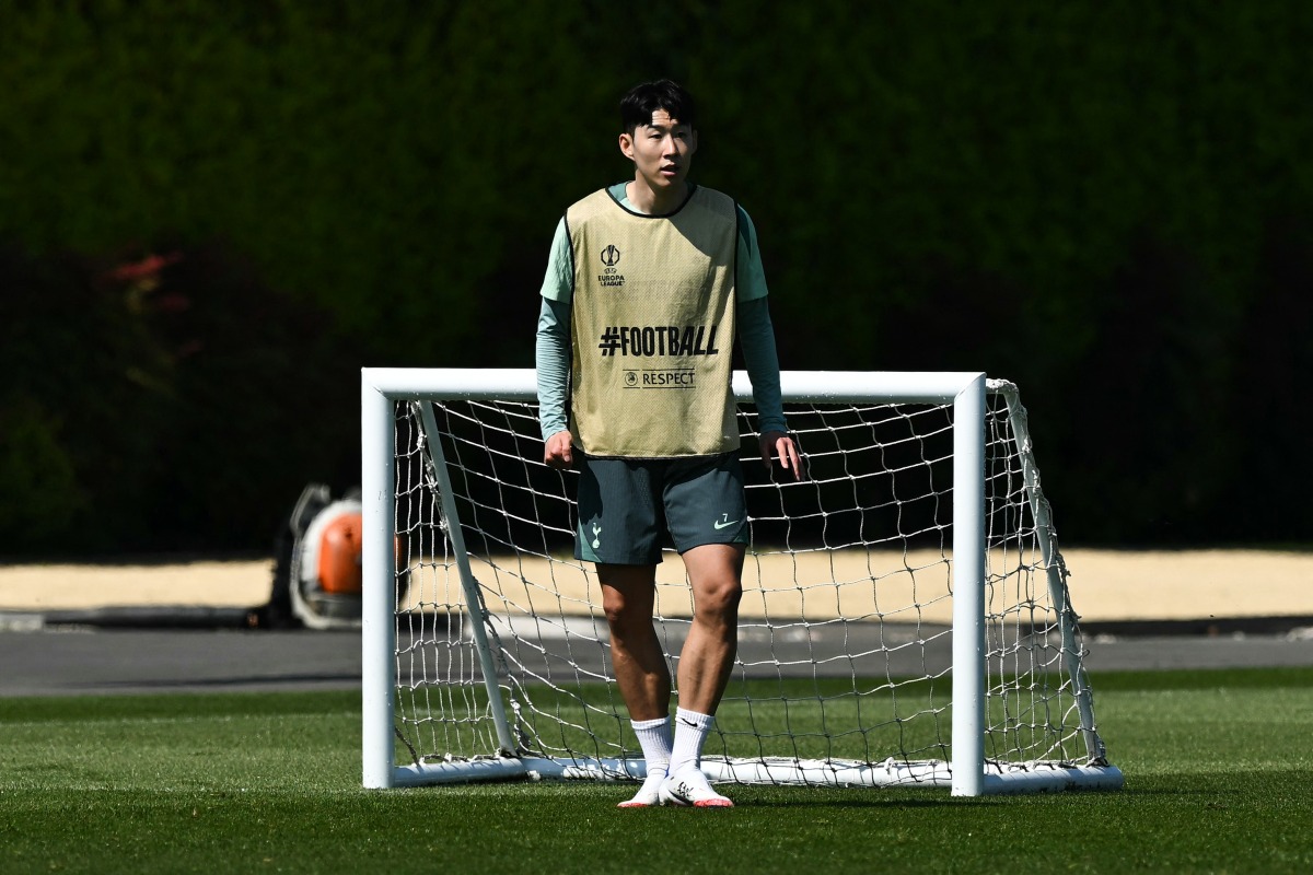 Tottenham Hotspur's South Korean striker #07 Son Heung-Min takes part in a training session at at the Tottenham Hotspur Training Ground, in Enfield, north London, on May 12, 2025 during a media day ahead of their UEFA Europa League final against Manchester United. (Photo by Ben STANSALL / AFP)
