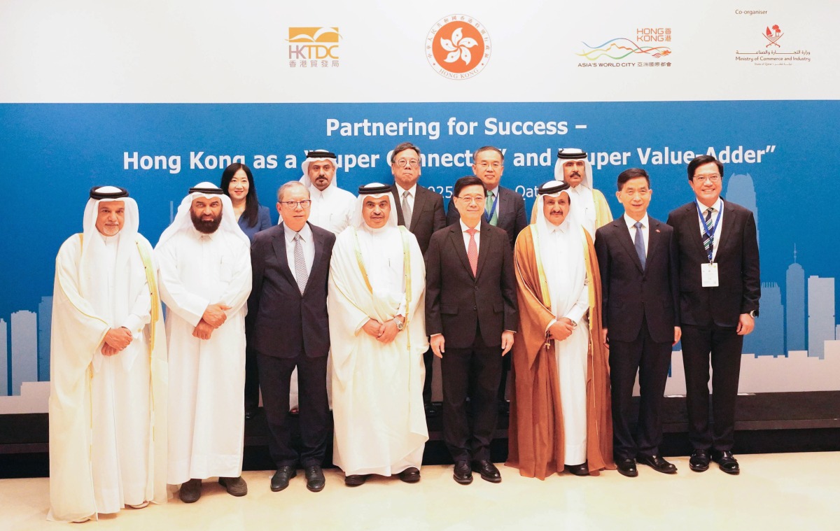 Minister of Finance, H E Ali bin Ahmed Al Kuwari; Chief Executive of the Hong Kong Special Administrative Region, H E John Lee with other officials during the event, yesterday.