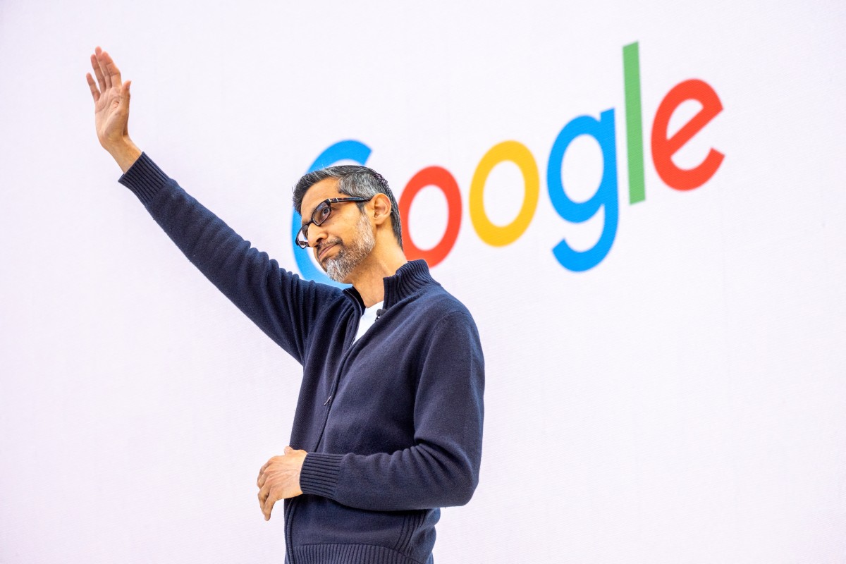 Google CEO Sundar Pichai addresses the crowd during Google's annual I/O developers conference in Mountain View, California on May 20, 2025. Photo by Camille Cohen / AFP.