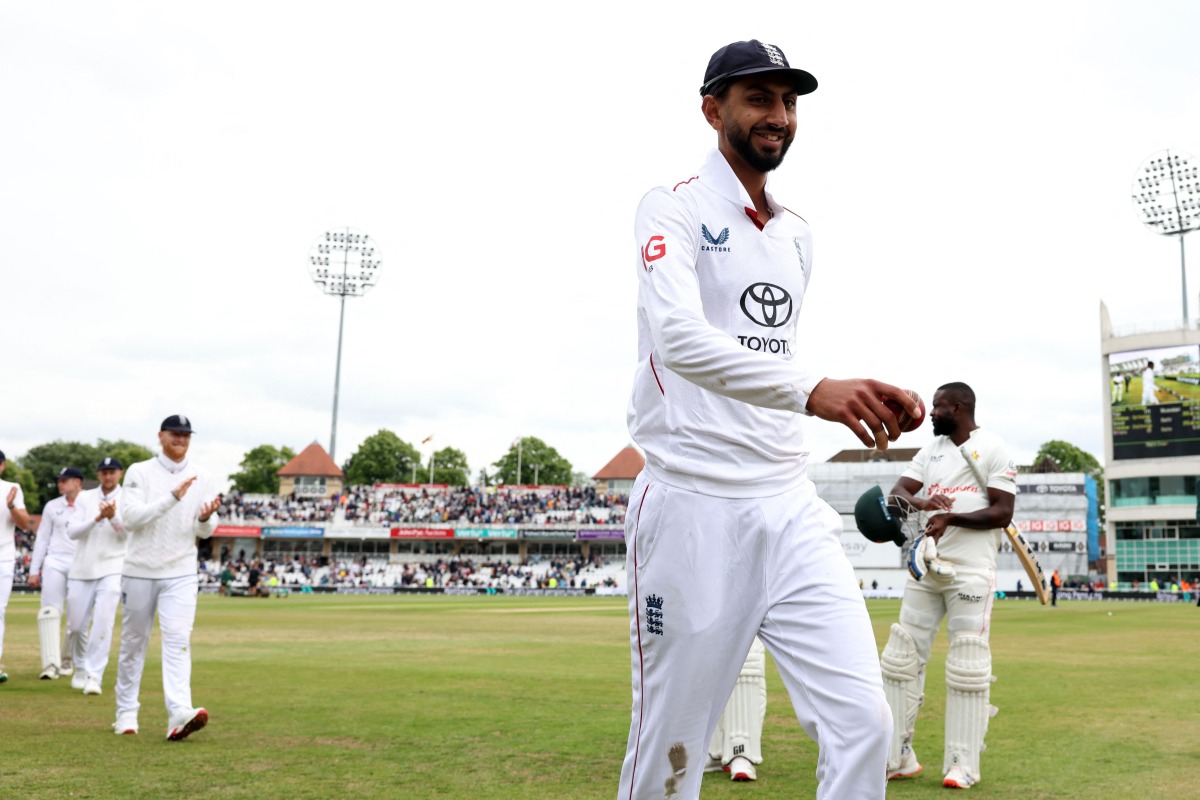 England's Shoaib Bashir takes the applause as he leaves ahead of his teammates after taking six wickets in the second Innings. (Photo by Darren Staples / AFP)