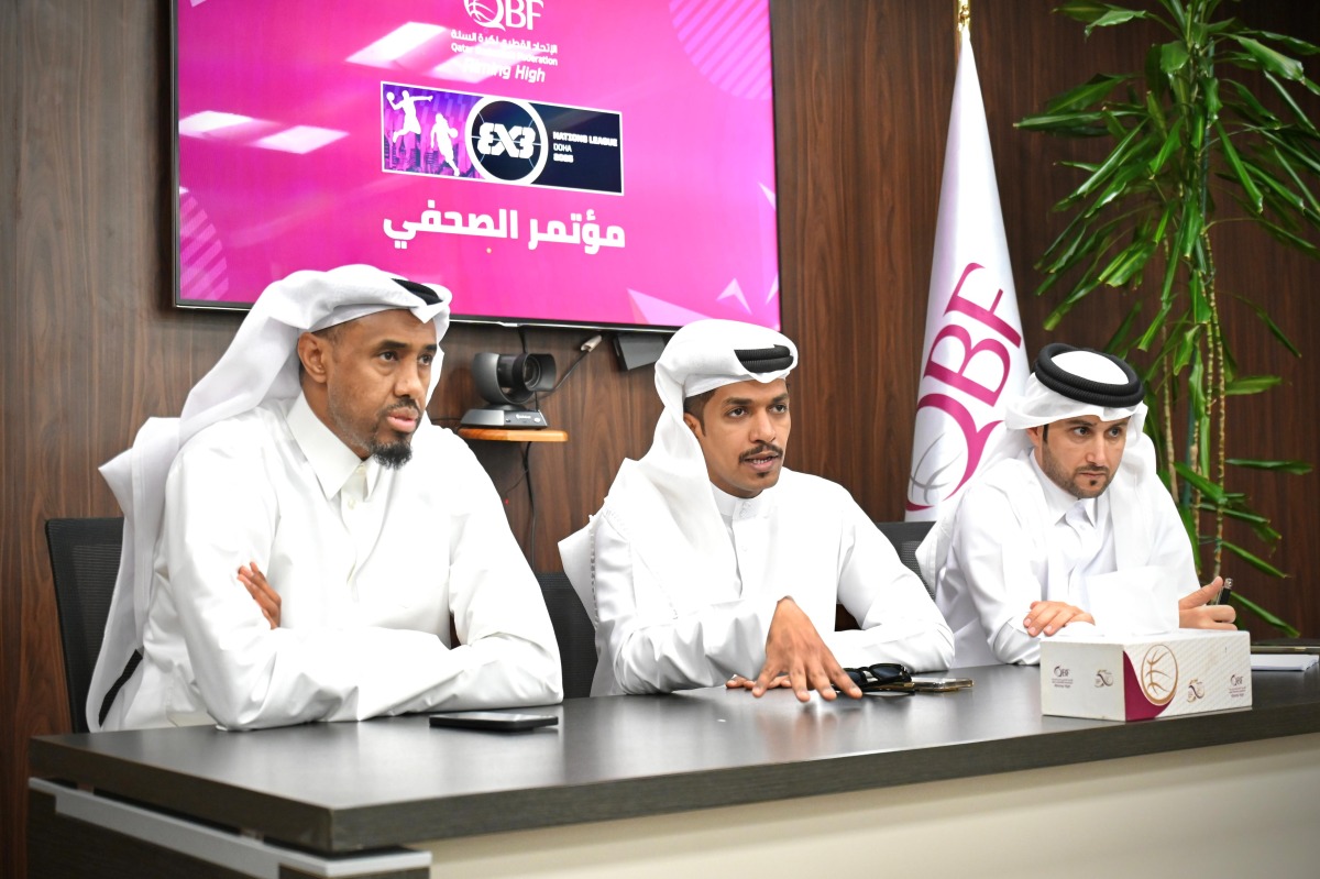 From left: Director of the National 3x3 Basketball Teams Yassin Ismail, Tournament Director Talal Saad Al-Mughaiseeb, and Media Committee member Dr. Khalid Al-Qahtani during a press conference yesterday.