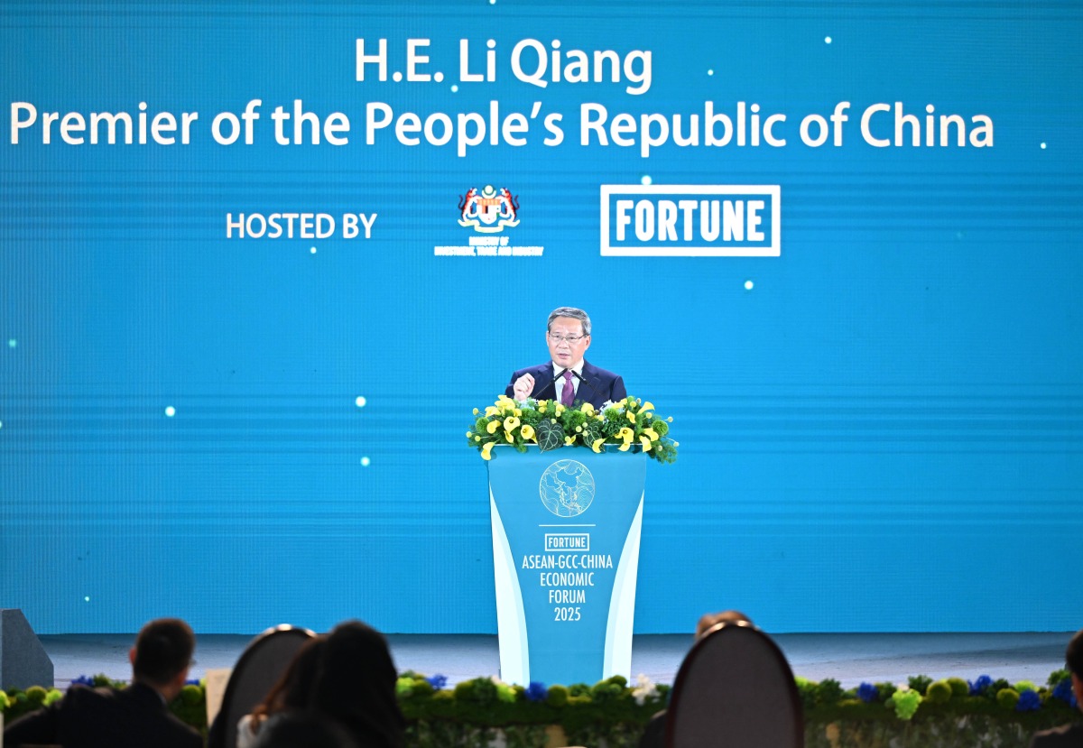 Chinese Premier Li Qiang addresses the opening ceremony of the ASEAN (the Association of Southeast Asian Nations)-China-GCC (the Gulf Cooperation Council) Economic Forum 2025 in Kuala Lumpur, Malaysia, May 27, 2025. (Xinhua/Li Xiang)
