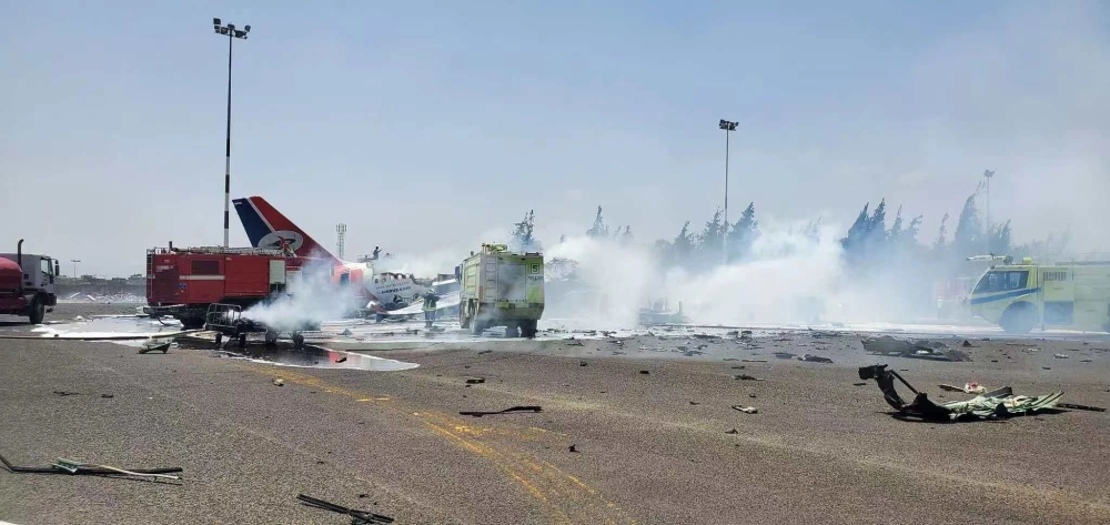 This photo taken on May 28, 2025 shows a damaged plane at Sanaa International Airport after Israeli airstrikes in Sanaa, Yemen.  (Sanaa International Airport/Handout via Xinhua)
 