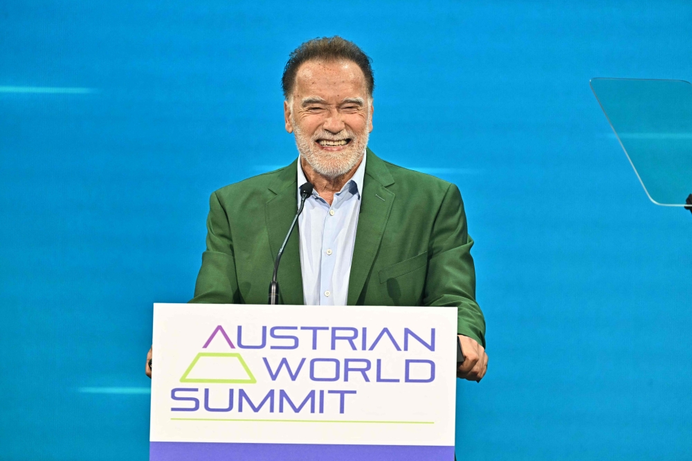 US-Austrian actor, businessman and former Governor of California Arnold Schwarzenegger smiles as he gives a speech during the Austrian World Summit in Vienna, Austria on June 3, 2025. (Photo by Joe Klamar / AFP)