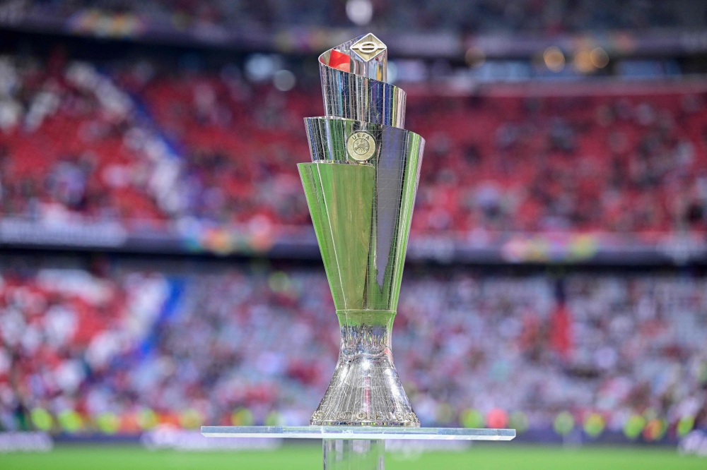 The UEFA Nations League trophy is on display prior to the UEFA Nations League final football match between Portugal and Spain in Munich, southern Germany on June 8, 2025. (Photo by John Macdougall / AFP)