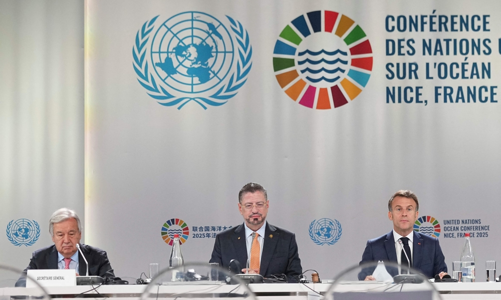(From L) UN general secretary Antonio Guterres, Costa Rica president Rodrigo Chaves and France's President Emmanuel Macron attend the opening session of the third United Nations Ocean Conference (UNOC3) on June 9, 2025. (Photo by Laurent Cipriani / AFP)
 