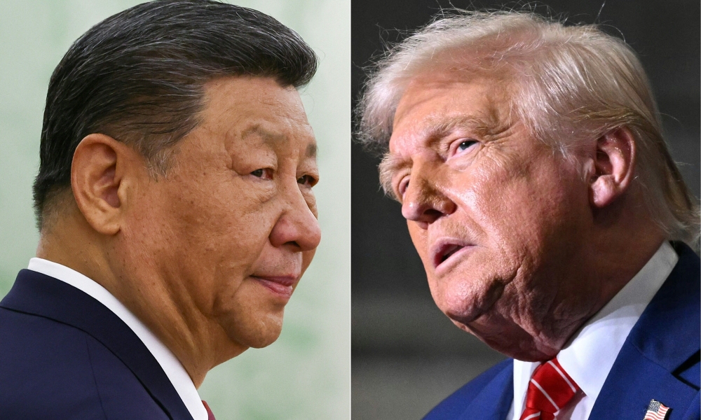 This combination of pictures created on June 05, 2025 shows, L/R, Chinese President Xi Jinping at the Kremlin in Moscow on May 8, 2025 and US President Donald Trump at US Steel - Irvin Works in West Mifflin, Pennsylvania, May 30, 2025. (Photo by Evgenia Novozhenina and Saul Loeb / AFP)

