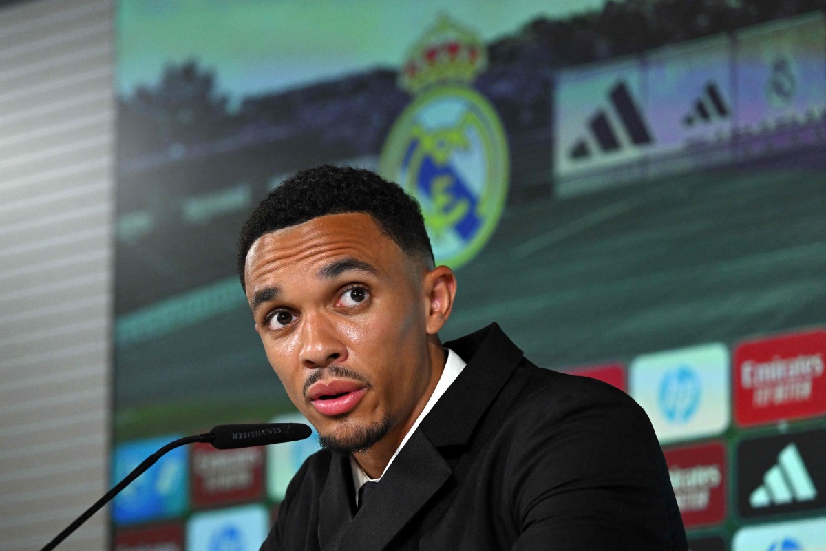 English defender Trent Alexander-Arnold gives a press conference during his official presentation as a new Real Madrid CF player, at the Ciudad Real Madrid training complex in Valdebebas, on the outskirts of Madrid, on June 12, 2025. (Photo by JAVIER SORIANO / AFP)
