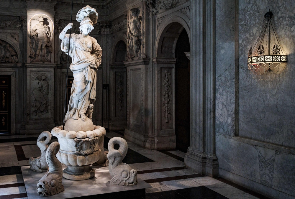 This photograph shows a sculpture by 17th century sculptor Artus Quellinus during a press preview of an exhibition displaying over one hundred pieces created by Artus Quellinus, at the Royal Palace in Amsterdam on June 16 2025. (Photo by Ramon van Flymen / ANP / AFP) 
 