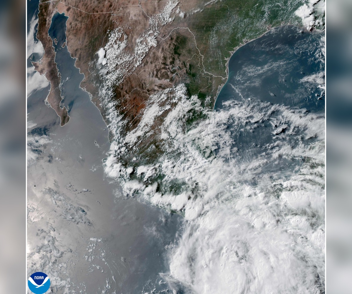 This handout satellite image obtained from the National Oceanic and Atmospheric Administration (NOAA)/GOES shows Tropical Storm Erick over southern Mexico on June 17, 2025. Photo by Handout / NOAA / AFP