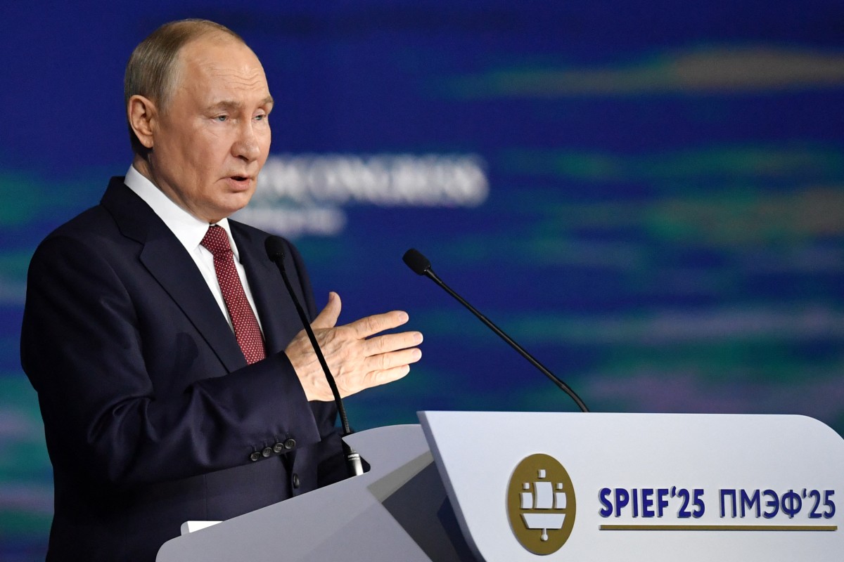 Russia's President Vladimir Putin gives a speech at the plenary session during the Saint Petersburg International Economic Forum (SPIEF) in Saint Petersburg on June 20, 2025. Photo by Olga MALTSEVA / AFP.