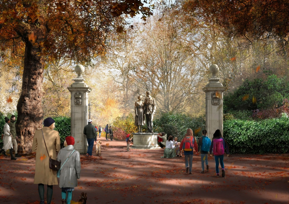 A handout picture released by Foster + Partners on June 24, 2025 shows an artist's impression of a sculpture depicting Britain's late Queen Elizabeth II and Prince Philip as part of the Queen Elizabeth II Memorial to be designed by renowned British architect Norman Foster in St James's Park next to Buckingham Palace. (Photo by Handout / FOSTER + PARTNERS / AFP) 