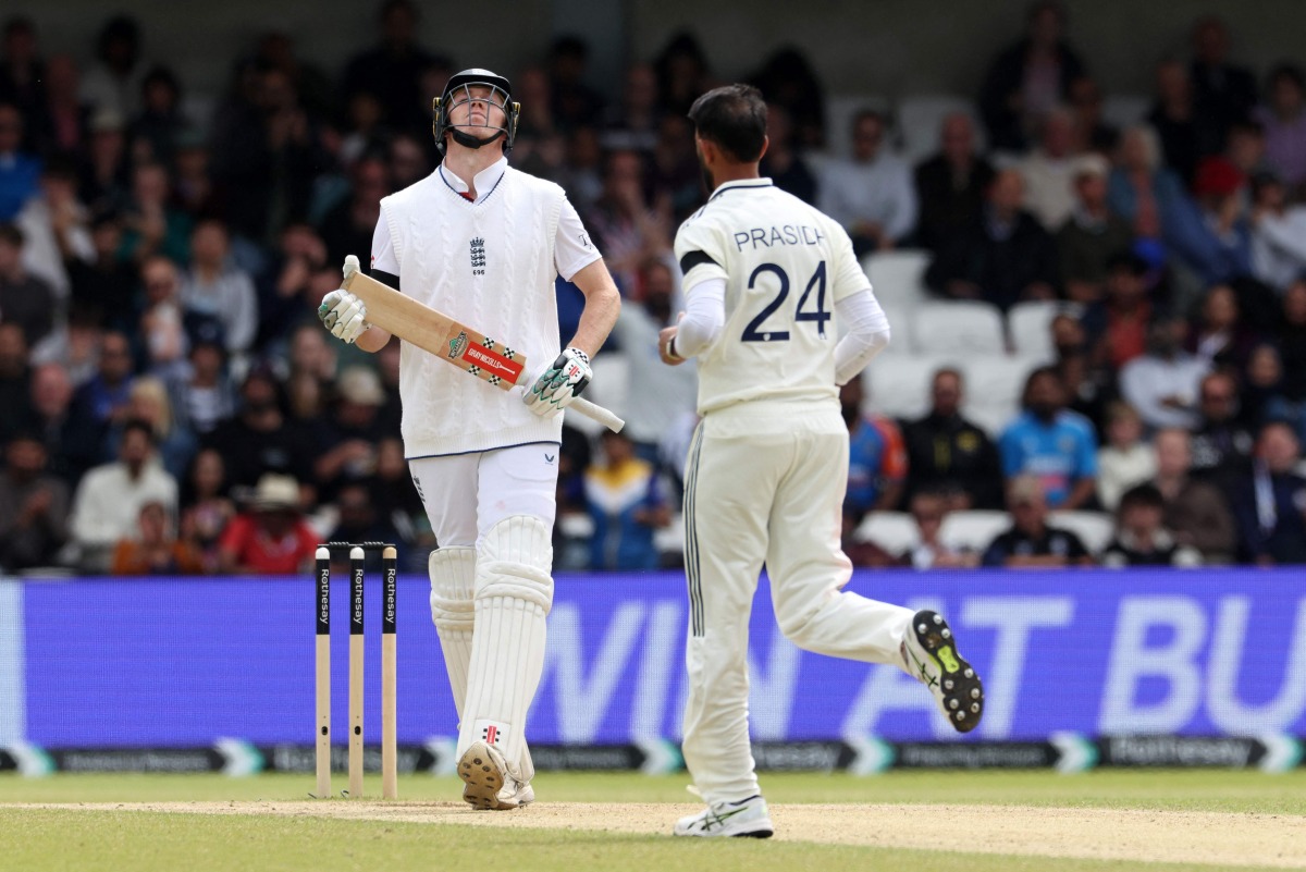 England's Zak Crawley reacts after being caught out by India's Prasidh Krishna on day five of the first cricket test match between England and India at Headingley cricket ground in Leeds, northern England on June 24, 2025. (Photo by Darren Staples / AFP) 
