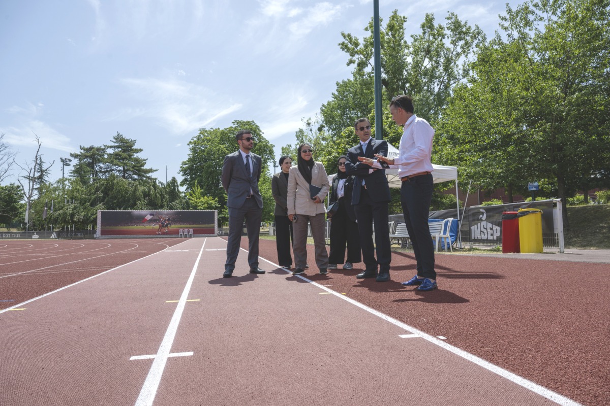 Qatar Olympic Committee Secretary General Jassim bin Rashid Al Buenain with other members of the delegation during their visit to the French National Institute of Sport, Expertise, and Performance in Paris.