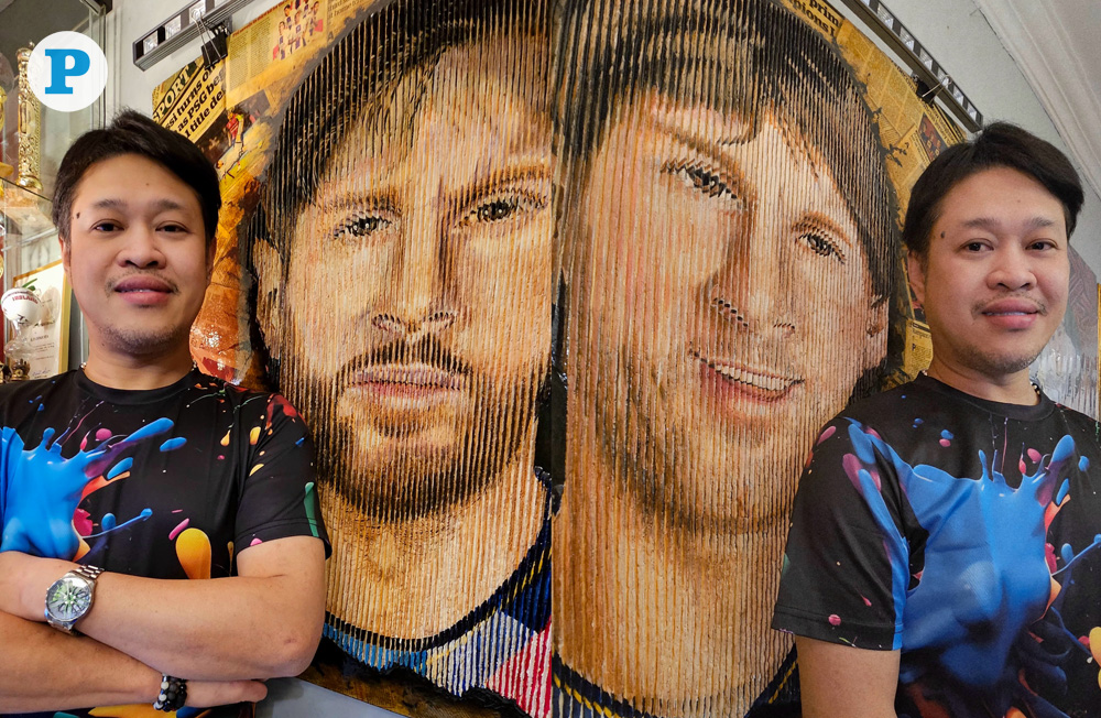 The 100cm x 100cm lenticular painting of the football great is a mixed media artwork that shows both a younger and current Messi, depending on where the viewer stands. Pics: Marivie Alabanza / The Peninsula