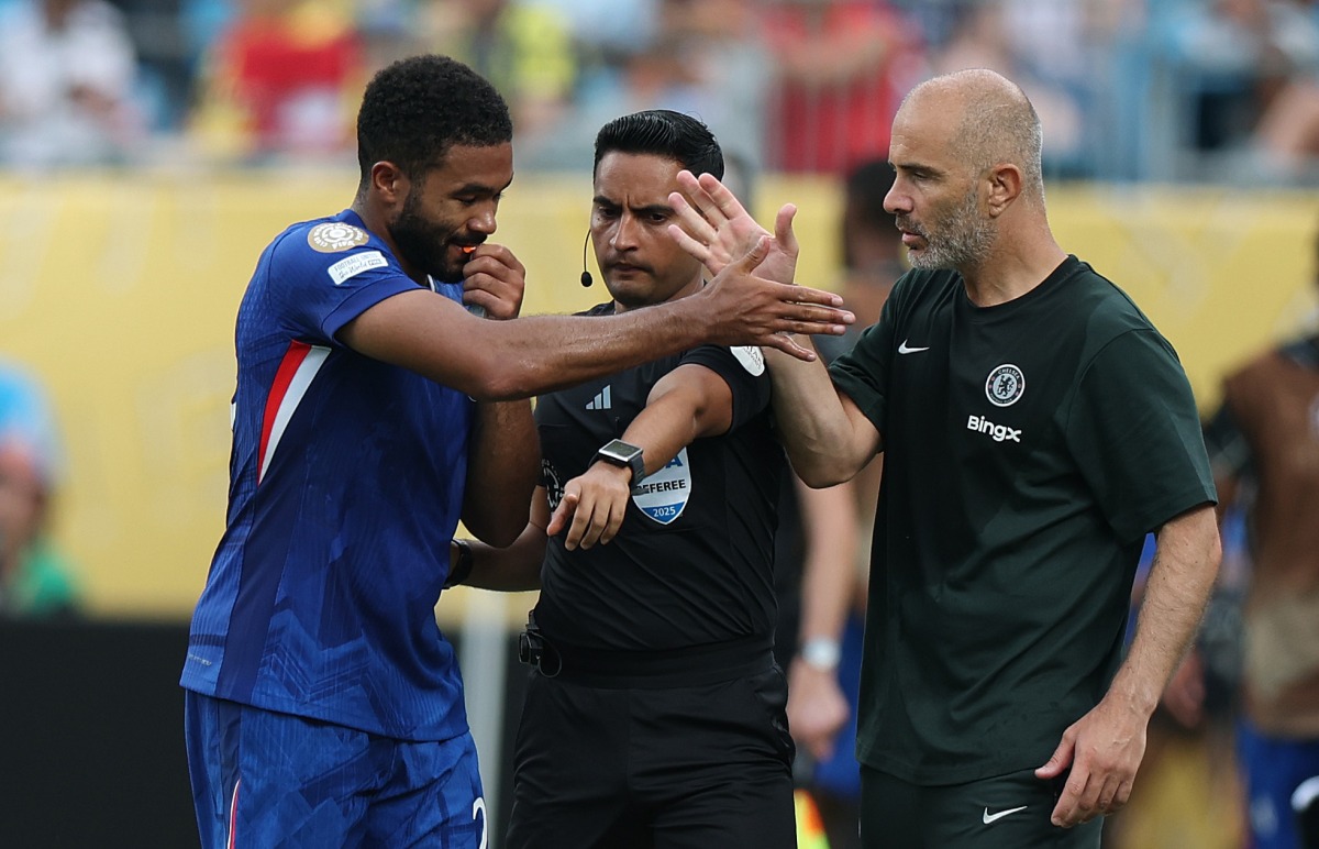 Reece James (L) of Chelsea FC celebrates scoring with head coach Enzo Maresca (R) during the round of 16 match between Portugal's SL Benfica and England's Chelsea FC at the FIFA Club World Cup 2025 at the Bank of America Stadium, Charlotte, the United States, June 28, 2025. (Xinhua/Li Ming)