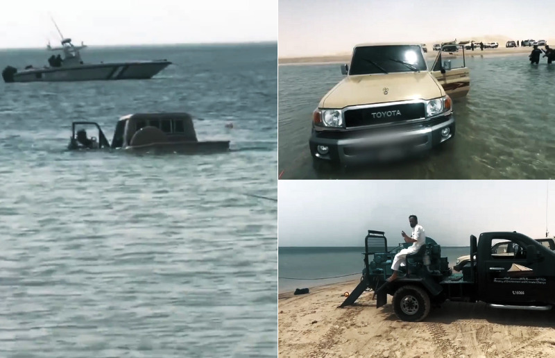 Photo combination: Emergency teams rescue submerged vehicle in Sealine waters / Screengrab from @moecc_qatar on X

