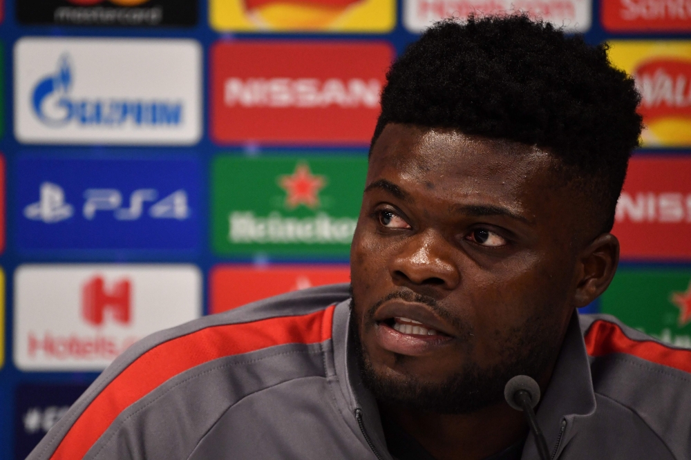 Ex-Arsenal's Ghanaian midfielder Thomas Partey attends a press conference. File photo.