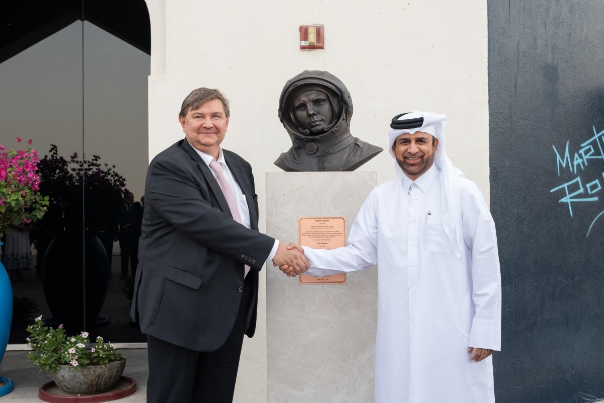 Katara General Manager Dr. Khalid bin Ibrahim Al Sulaiti and Ambassador of Russia to Qatar H E Dmitry Dogadkin during the  inauguration of the Russian Corner yesterday in front of the Al Thuraya Planetarium, Building No. 41. The Russian Corner features a bust of Yuri Gagarin, the Soviet cosmonaut and the first human to travel into outer space. This sculpture is created by Russian artist Alexei Leonov.