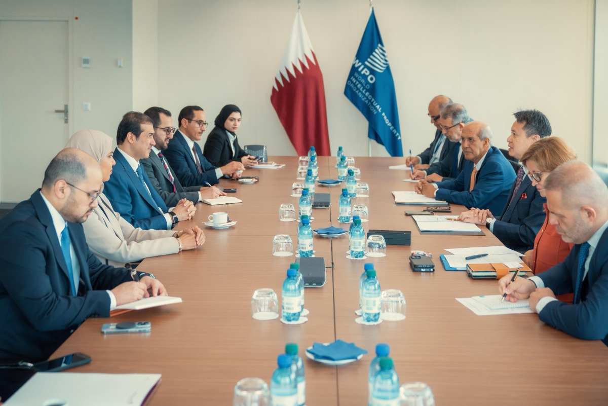 Minister of State for Foreign Trade Affairs H E Dr. Ahmed bin Mohammed Al-Sayed and Director General of the World Intellectual Property Organization H E Daren Tang with other officials during the meeting.