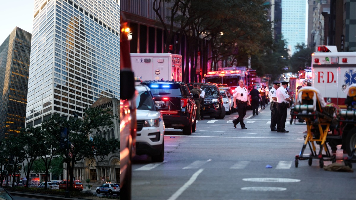 Left: Police are seen outside 345 Park Ave where a shooting incident took place in the Midtown Manhattan neighborhood of New York. Right: Police are seen near emergency vehicles as they respond to a shooting incident in the Midtown Manhattan neighborhood of New York on July 28, 2025. Photos by John Lamparski and Charly Triballeau/ AFP
