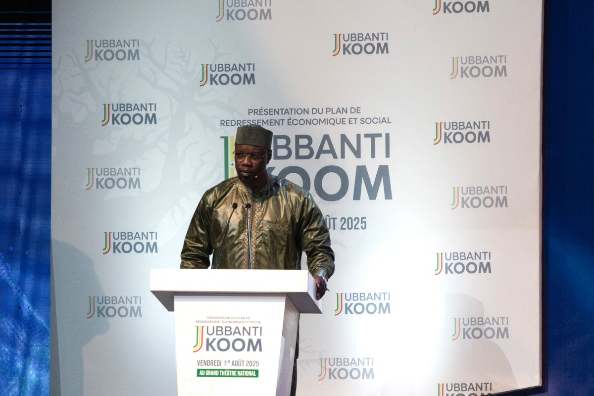Senegalese Prime Minister Ousmane Sonko speaks during the presentation of the economic and social recovery plan by the head of government at the Grand Theatre in Dakar on August 1, 2025. (Photo by SEYLLOU / AFP)