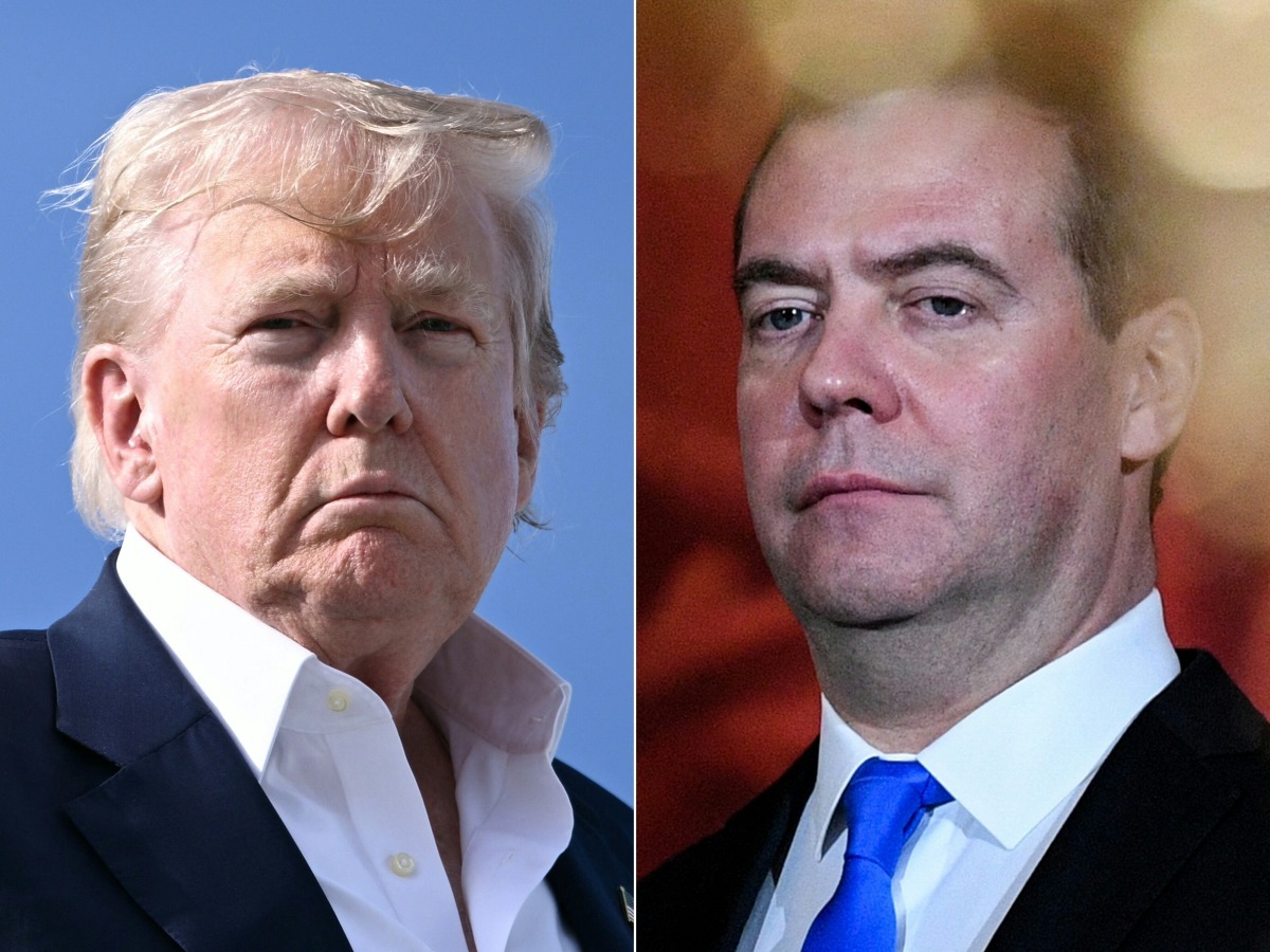 (COMBO) This combination of pictures created on August 01, 2025 shows, L/R, US President Donald Trump boarding Air Force One at RAF Lossiemouth, north-east Scotland on July 29, 2025 and then Russian Prime Minister Dmitry Medvedev in Moscow on January 7, 2020. (Photo by Brendan SMIALOWSKI and Kirill KUDRYAVTSEV / AFP)
