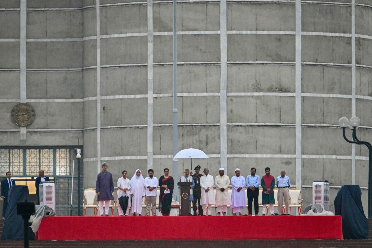 Chief Adviser of Bangladesh's interim government Muhammad Yunus (C) speaks during a government-organised event in Dhaka on August 5, 2025. (Photo by MUNIR UZ ZAMAN / AFP)
