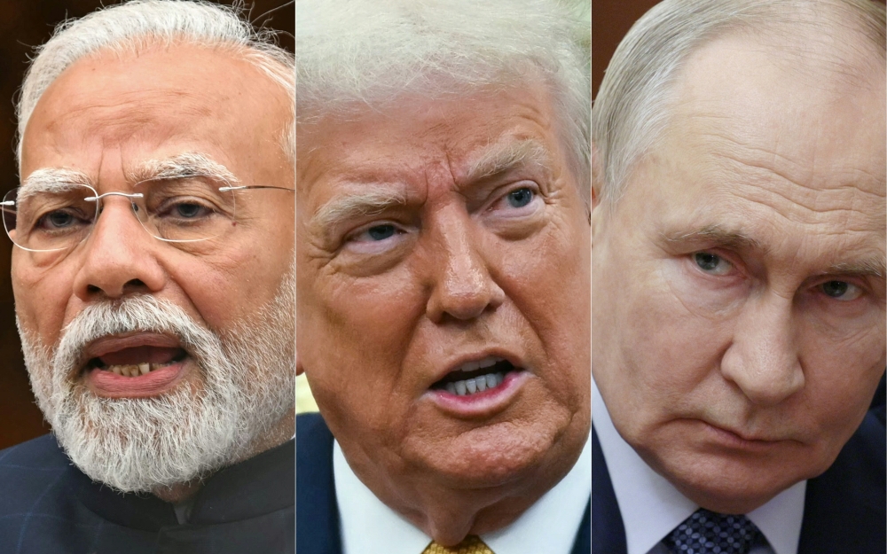 This combination of pictures created on August 06, 2025 shows (L-R) India's Prime Minister Narendra Modi on July 21, 2025, US President Donald Trump on July 22, 2025 and Russia's President Vladimir Putin on August 5, 2025. (Photo by various sources / AFP)
