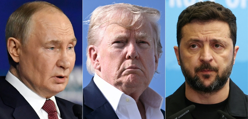This combination of pictures created on August 06, 2025 shows (L-R) Russia's President Vladimir Putin in Saint Petersburg, Russia on June 20, 2025, US President Donald Trump at RAF Lossiemouth, Scotland on July 29, 2025 and Ukraine's President Volodymyr Zelensky in Strasbourg, France, on June 25, 2025. (Photo by AFP)