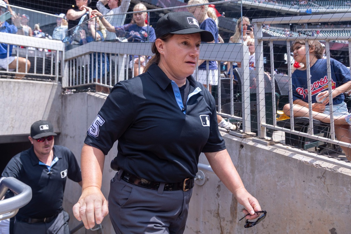 Umpire Jen Pawol #95 takes the field before a game between the Atlanta Braves Miami Marlins at Truist Park on August 9, 2025 in Atlanta, Georgia. (Photo by Brett Davis / GETTY IMAGES NORTH AMERICA / Getty Images via AFP)
