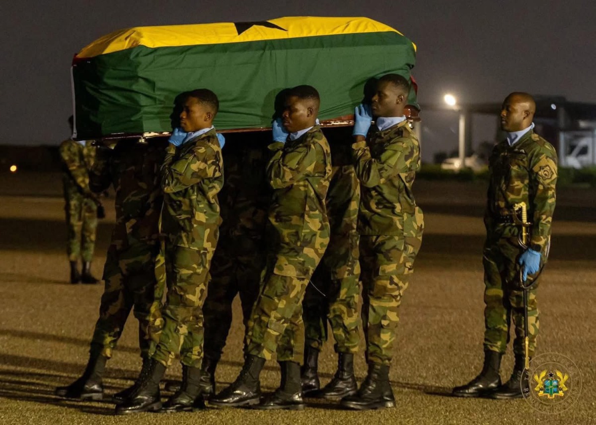 Soldiers carry a coffin of the deceased at the Air Force Base in Accra, Ghana, on Aug. 6, 2025. The Presidency of the Republic of Ghana/Handout via Xinhua