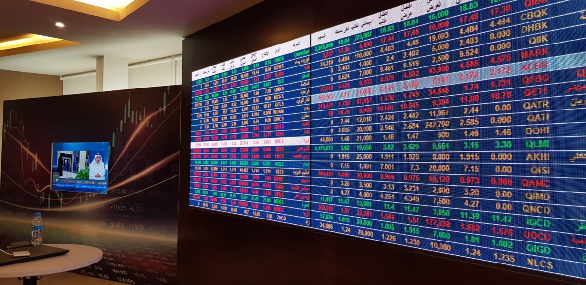 A view of a large screen showing movement in share prices at Qatar Stock Exchange (QSE) trading hall.