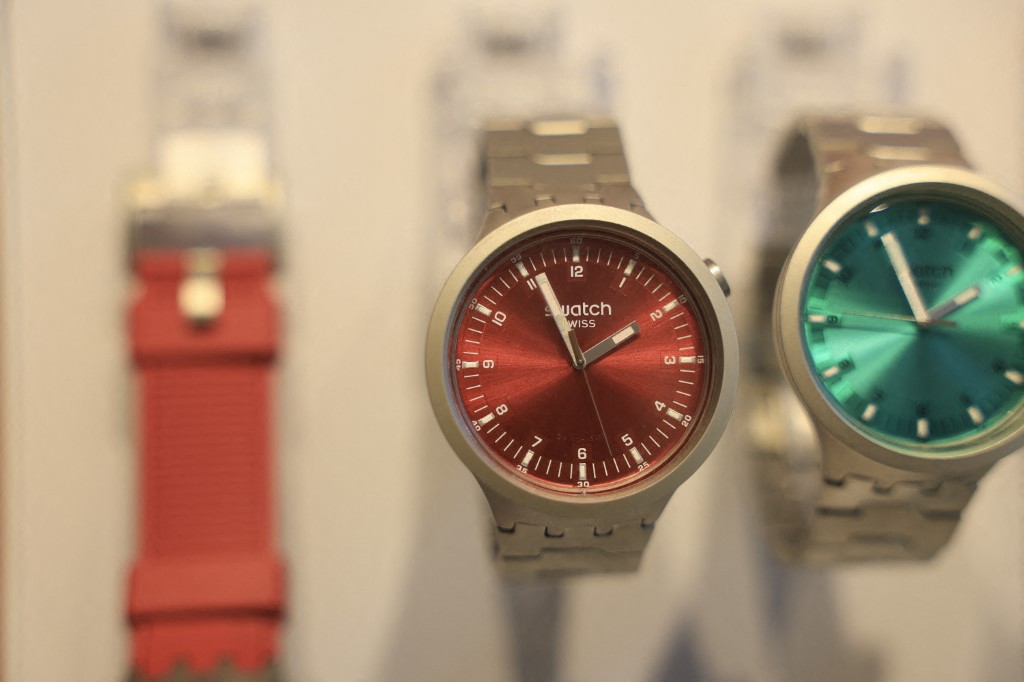 Swiss-made Swatch watches on display in their store on August 05, 2025 in Miami Beach, Florida. Joe Raedle/Getty Images/AFP