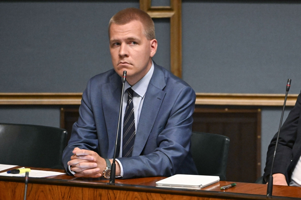 (Files) This file photo taken on July 9, 2024 shows member of Finnish parliament Eemeli Peltonen of Finland's Social Democratic Party attending a plenary session in Helsinki, Finland. (Photo by Mikko Stig / Lehtikuva / AFP) /