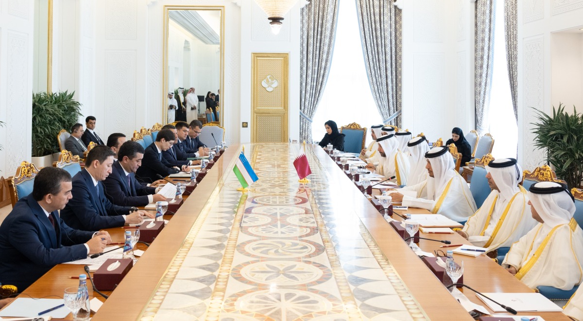 Prime Minister and Minister of Foreign Affairs H E Sheikh Mohammed bin Abdulrahman bin Jassim Al-Thani and Minister of Foreign Affairs of Uzbekistan H E Bakhtiyor Saidov co-chairing the meeting. 