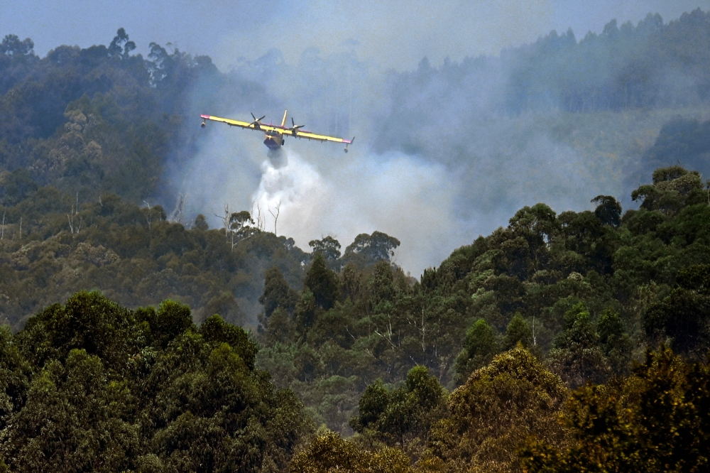 A firefighter airplane battles a wildfire near the village of Vilaboa, northwestern Spain on August 22, 2025. (Photo by Miguel Riopa / AFP)
 