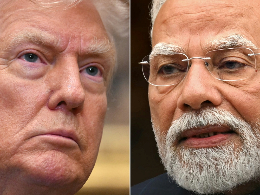 This combination of pictures shows US President Donald Trump in Washington, DC, on July 30, 2025 and India's Prime Minister Narendra Modi in New Delhi on July 21, 2025. (Photo by Jim Watsonand Sajjad Hussain / AFP)
