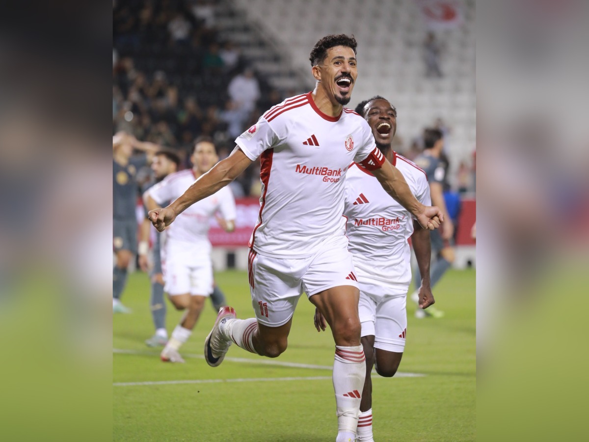 Al Shamal’s Baghdad Bounedjah (foreground) celebrates after scoring against Al Rayyan on Friday.