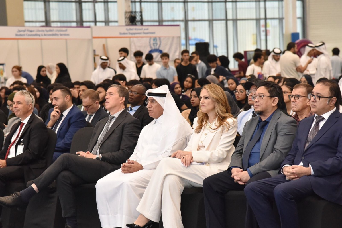 UDST President Dr. Salem Al-Naemi, high-ranking university officials, members of the faculty and students during an orientation session yesterday.  