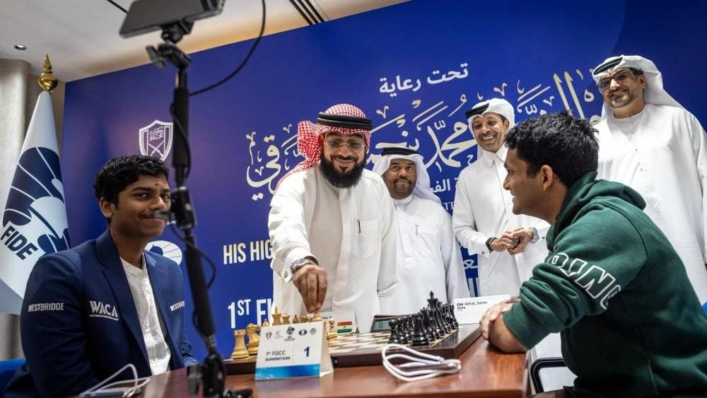Qatar Chess Association President Mohammed Al Mudahka attends a match alongside other officials during the Fujairah World Chess Championship.