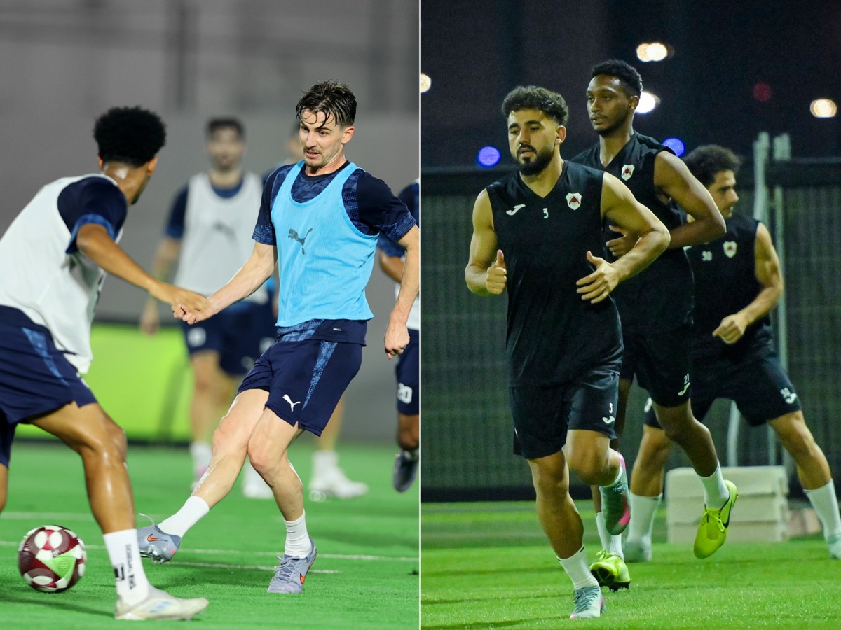 Al Duhail players during a training session as they prepare for match against Al Rayyan (left) and Al Rayyan players attend a training session.