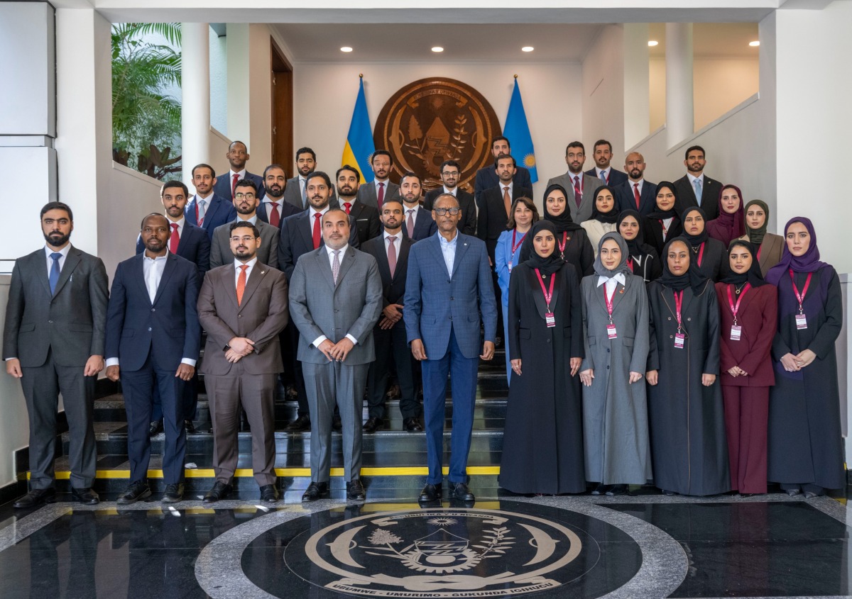 President of the Republic of Rwanda H E Paul Kagame with members of the delegation.