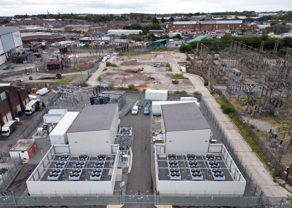 This aerial photograph shows Statkraft's new Greener Grid Park in Liverpool, north-west England on August 7, 2025. (Photo by Darren Staples / AFP)
