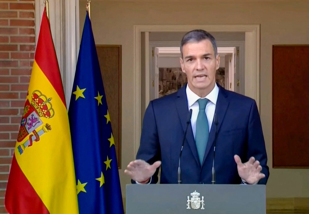In this still image from video released on September 8, 2025 by the Moncloa Palace Spanish Prime Minister Pedro Sanchez announces several measures to 
