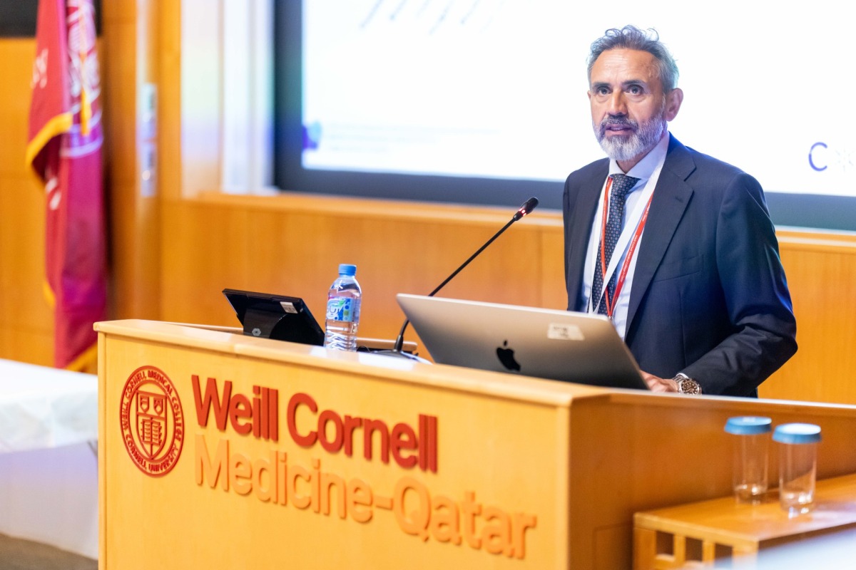 Dr. Rayaz Malik, Professor of Medicine and Assistant Dean for Clinical Research Partnerships at WCM-Q, speaking at the event.